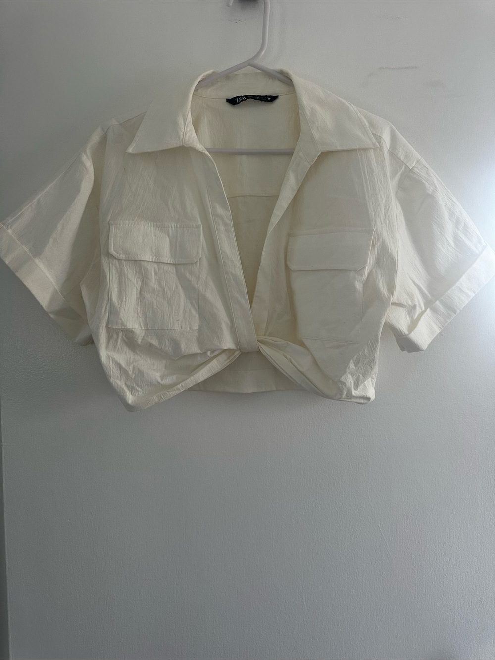 Cropped Button-Front Utility Shirt - off white